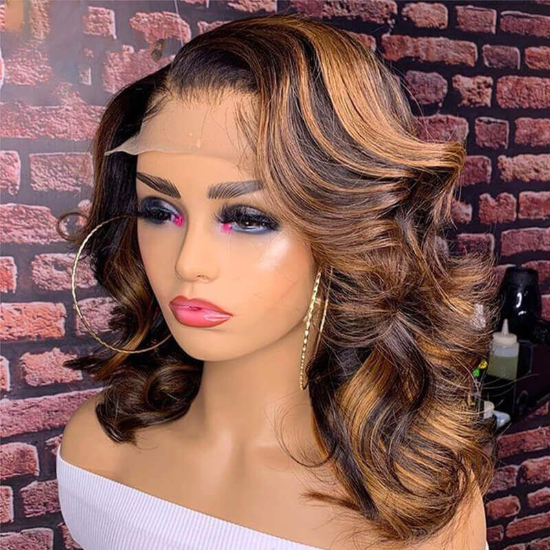 Brazilian Hair 4X4 Highlight Honey Blonde Body Wave Bob Wigs Lace Closure Human Hair