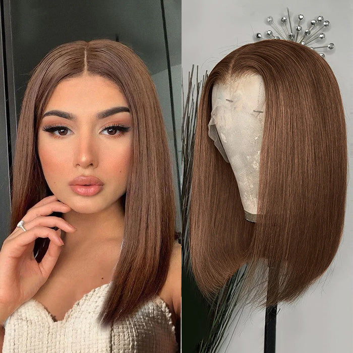 #4 Chocolate Brown Short Straight Bob 13x4/13x6 Lace Front Wig Human Virgin Hair 150% Density