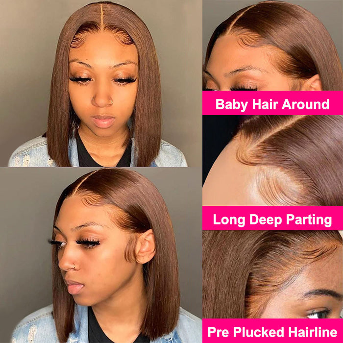 #4 Chocolate Brown Short Straight Bob 13x4/13x6 Lace Front Wig Human Virgin Hair 150% Density