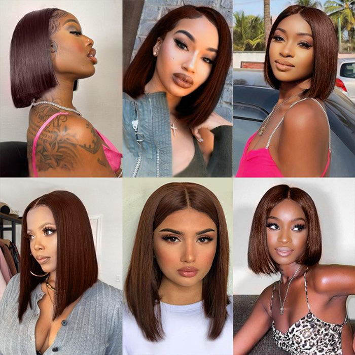 #4 Chocolate Brown Short Straight Bob 13x4/13x6 Lace Front Wig Human Virgin Hair 150% Density