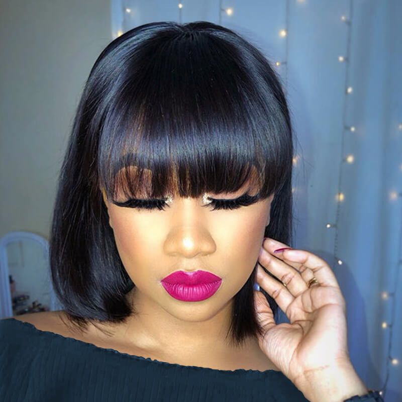 Short Cut Bob Wig Human Hair With Bangs 4X4 Lace Closure Lace Wig