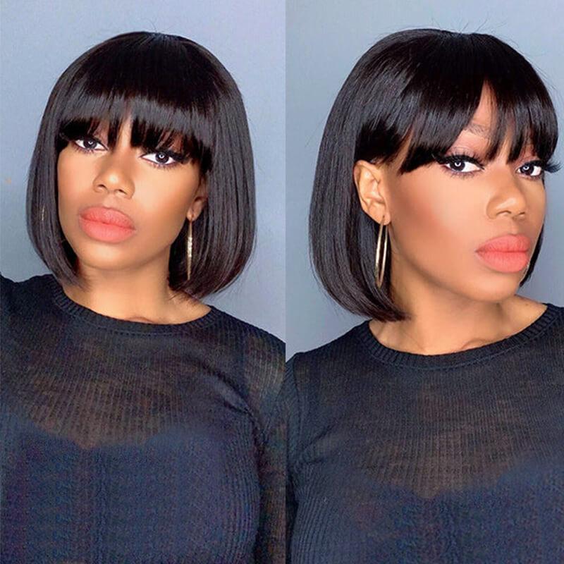 Short Cut Bob Wig Human Hair With Bangs 4X4 Lace Closure Lace Wig