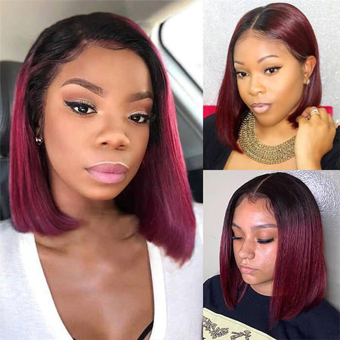 T1b/99J Red Color Human Hair 13x4 Lace Front Wigs Burgundy Straight Short Bob Brazilian Remy Pre Plucked Wig 150%
