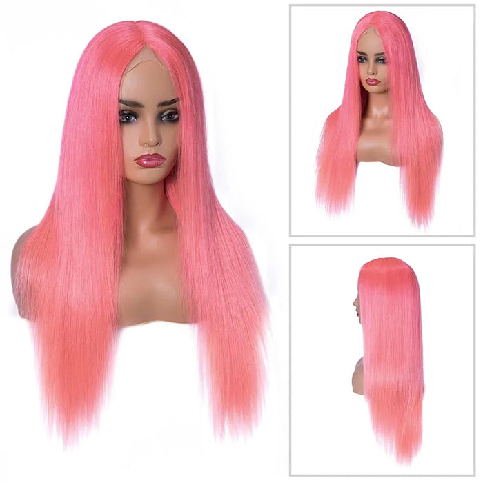 13x4 HD Lace Frontal Human Hair Wigs Straight Pink Color Wig For Women Pre Plucked Bleached Knots