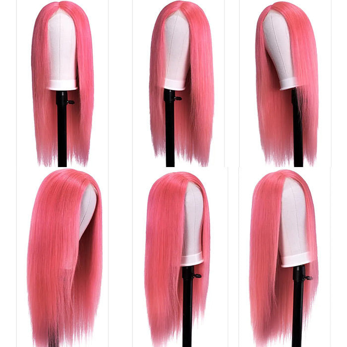 13x4 HD Lace Frontal Human Hair Wigs Straight Pink Color Wig For Women Pre Plucked Bleached Knots