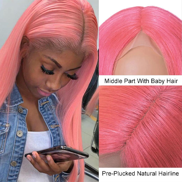 13x4 HD Lace Frontal Human Hair Wigs Straight Pink Color Wig For Women Pre Plucked Bleached Knots
