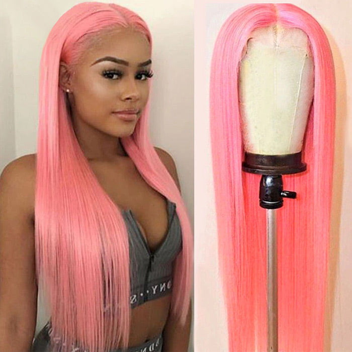 13x4 HD Lace Frontal Human Hair Wigs Straight Pink Color Wig For Women Pre Plucked Bleached Knots