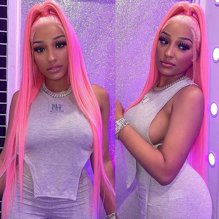 13x4 HD Lace Frontal Human Hair Wigs Straight Pink Color Wig For Women Pre Plucked Bleached Knots