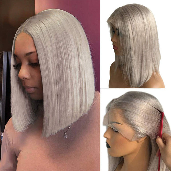Grey 13x4 Lace Front Human Hair Wigs Straight Colored Sliver Bob Lace Wigs For Black Women Pre Plucked 150%