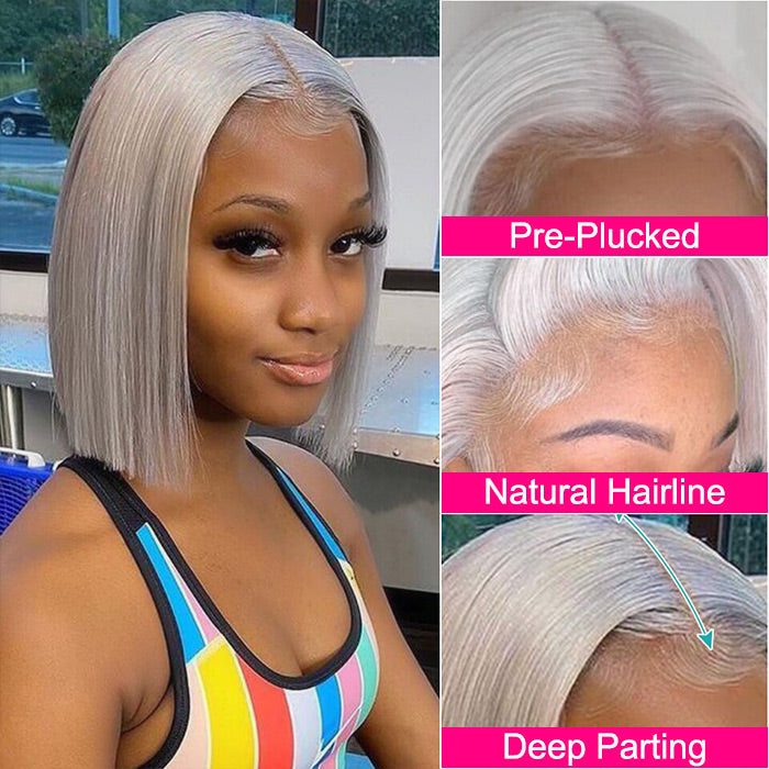 Grey 13x4 Lace Front Human Hair Wigs Straight Colored Sliver Bob Lace Wigs For Black Women Pre Plucked 150%