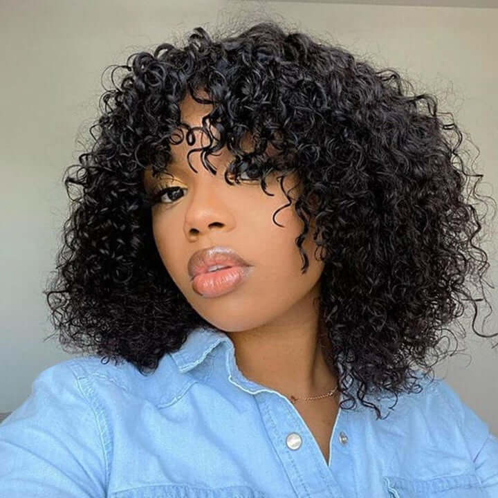 Glueless Affordable Short Bouncy Curly Wig with Bangs Human Hair Wigs For Women