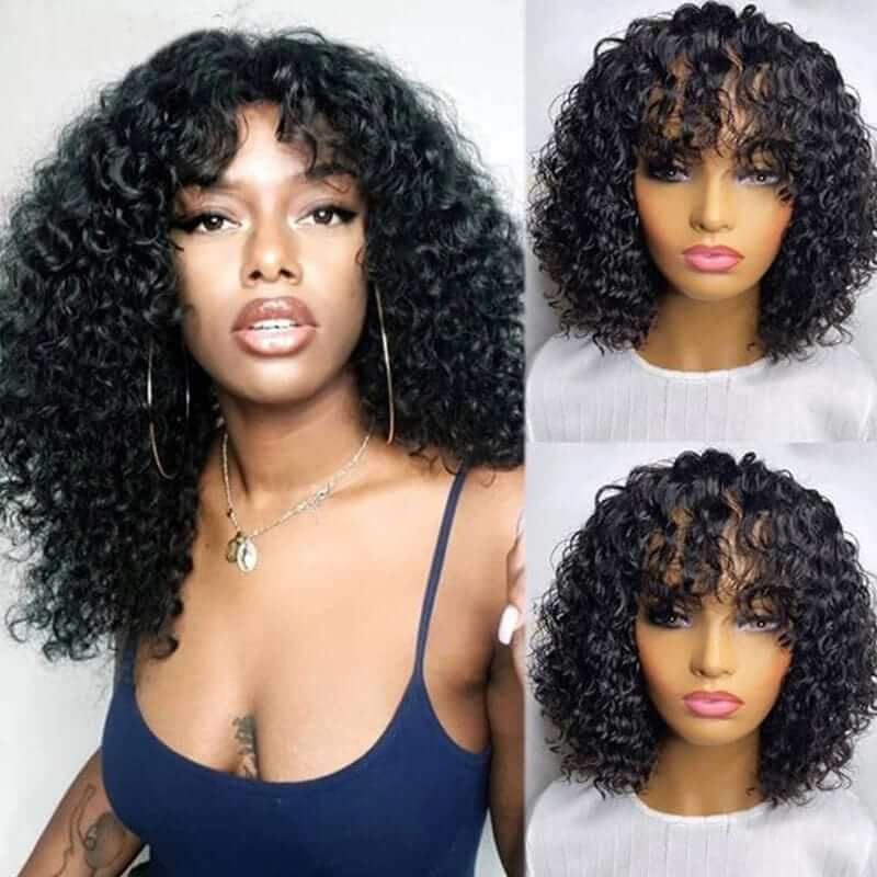 Glueless Affordable Short Bouncy Curly Wig with Bangs Human Hair Wigs For Women