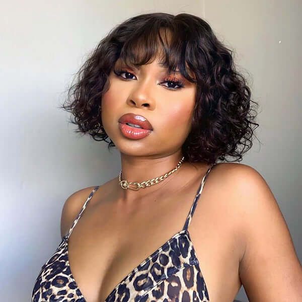 Short Cut Loose Curl Bob Human Hair 4x4 Lace Closure Wig With Wispy Bangs