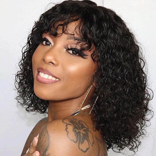 Jerry Curly 13x4 Frontal Lace Human Hair Bob Wig With Bangs For Women