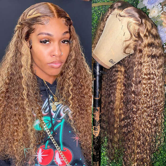 Highlight Honey Blonde Curly Wave Lace Front Wigs 150% Density Human Hair