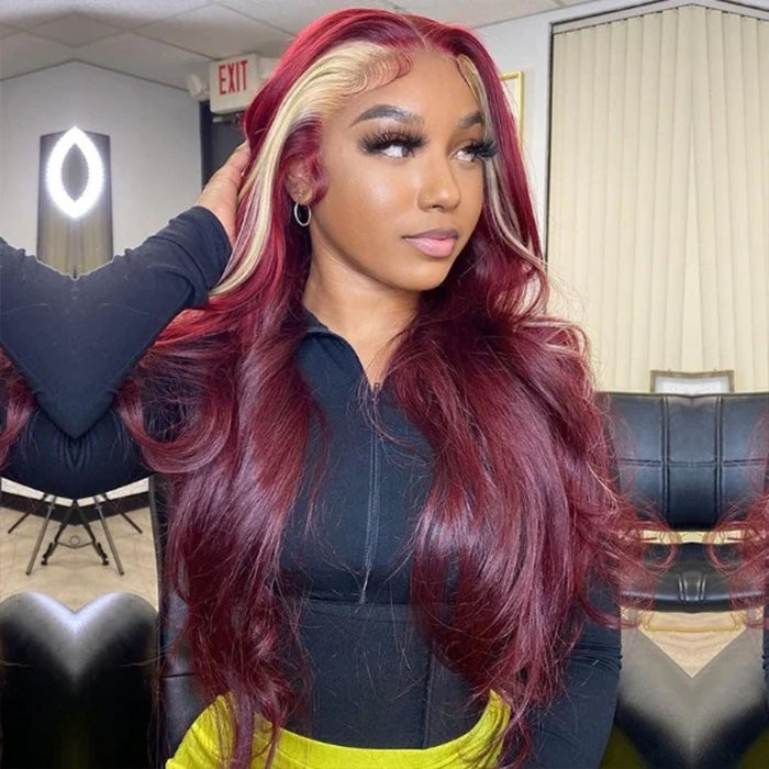 99J Burgundy Wig With Blonde Highlights Streaks Straight & Body Wave 13*4 HD Lace Front Wigs Human Hair