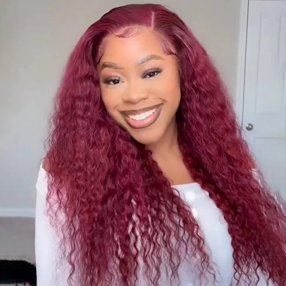 99J Burgundy Color 13x4 HD Lace Front Wigs Pre Plucked Long Curly Virgin Human Hair Wigs