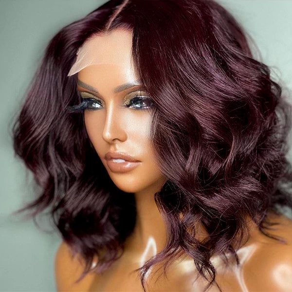 Dark Plum Color Loose Wave Bob Wig Undetectable Invisible Lace Middle Part Glueless Wig