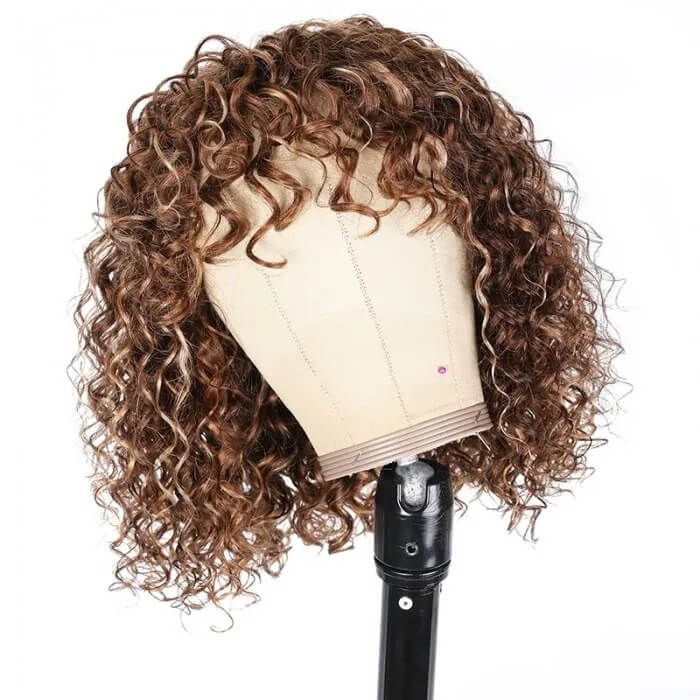 Highlight Deep Wave Short Bob Human Hair Wigs With Bangs 150% Density