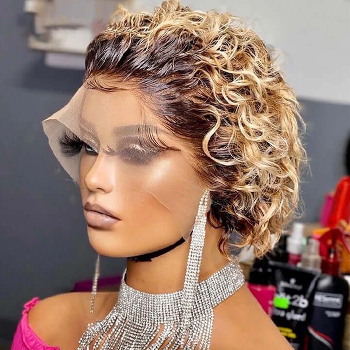 Ombre Honey Blonde Short Curly Pixie Cut Lace Wig Curly Human Hair
