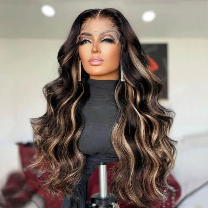 13x4 Chocolate Brown With Blonde Highlights Lace Front Human Hair Loose Wave Wig