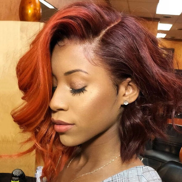 Short Wavy Burgundy Hair with Copper Highlights Wig Human Hair