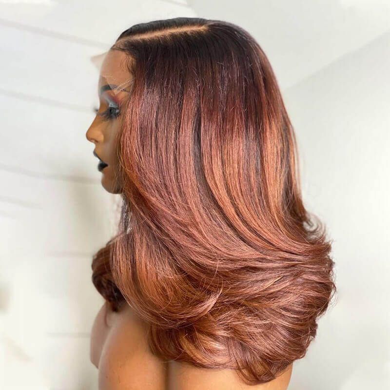 Copper Red Mid Length Wavy Hair Lace Front Wig Human Hair