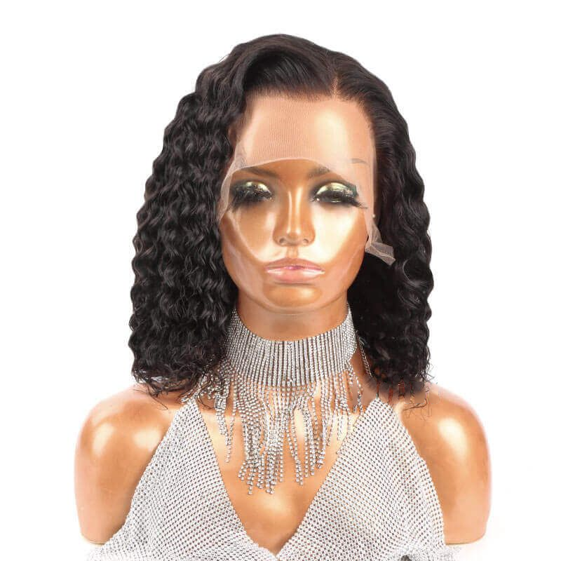 Curly Pre Bleached 13x6 Swiss Lace Front Bob  Human Wig 100% Virgin Hair