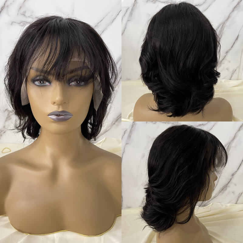 Bob with Bangs Natural Black 13x4 Lace Frontal Wig Human Hair
