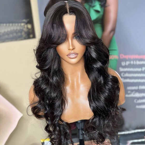 Soft Loose Wave Curtain Bangs Glueless Lace Front Wig Human Hair