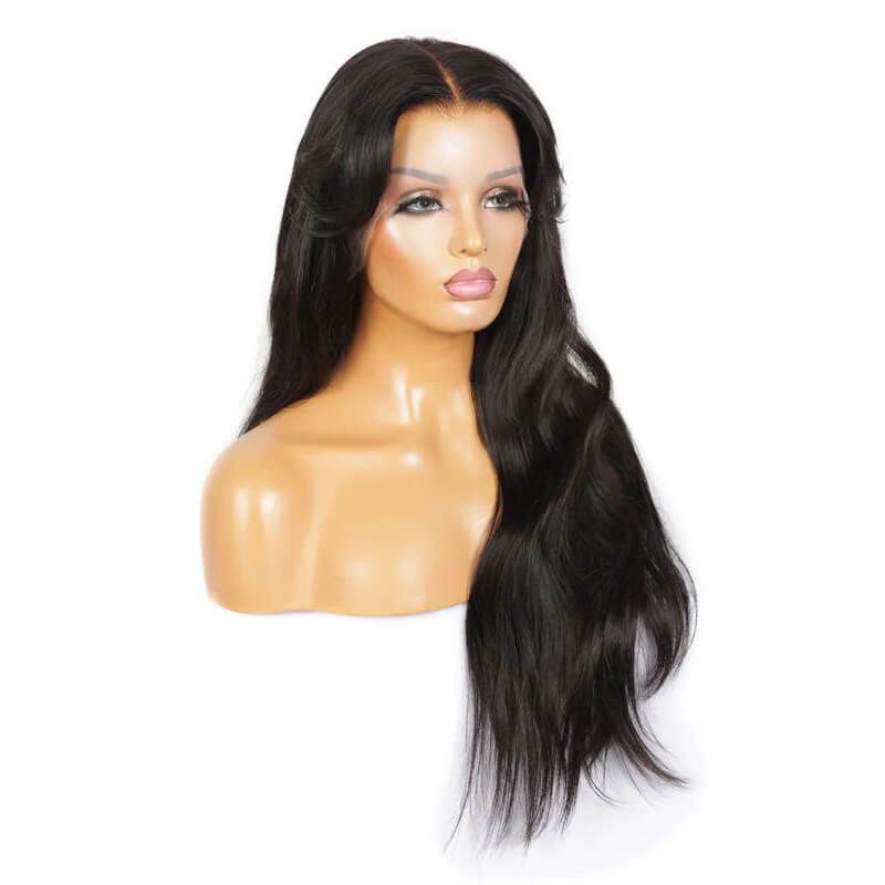 Black Wig With Bangs Bleached Knots Human Hair 13x4 Lace Front Wig