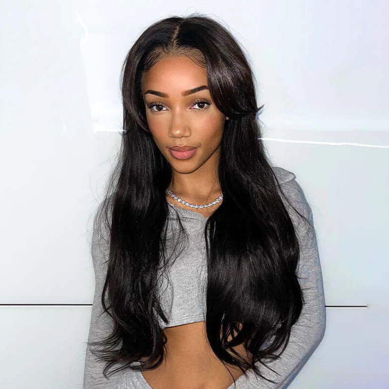 Black Wig With Bangs Bleached Knots Human Hair 13x4 Lace Front Wig