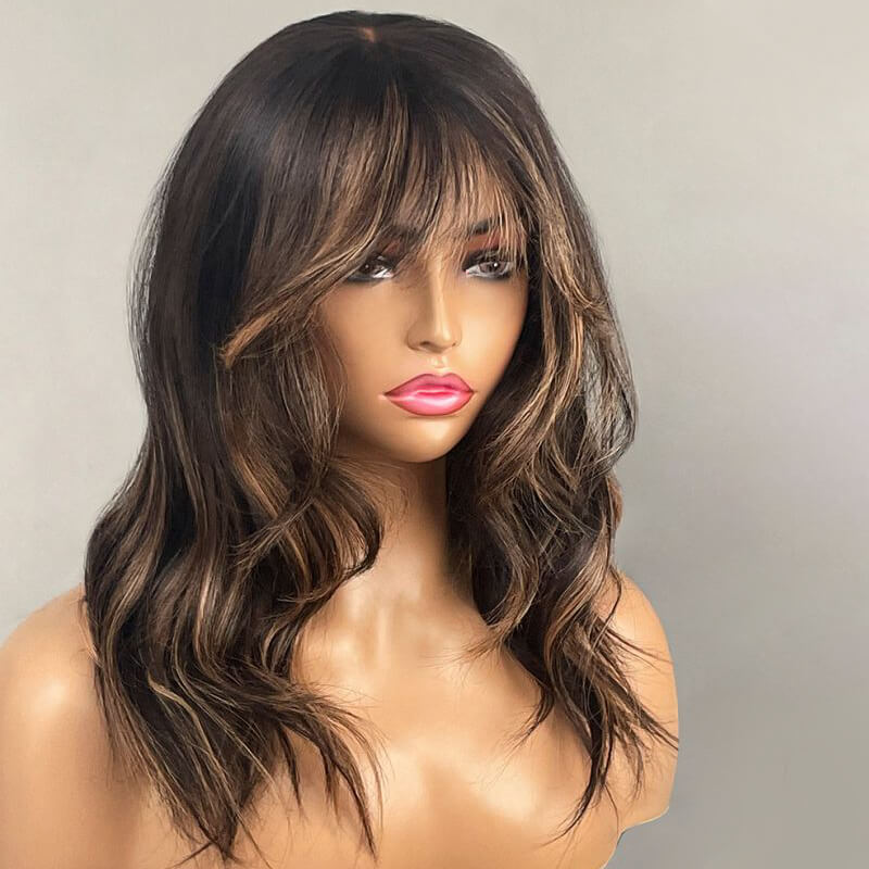 Blonde Highlight Curtain Bangs Wavy Lace Front Wig Human Hair