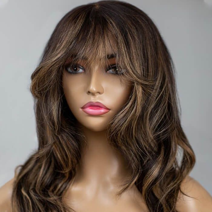 Blonde Highlight Curtain Bangs Wavy Lace Front Wig Human Hair