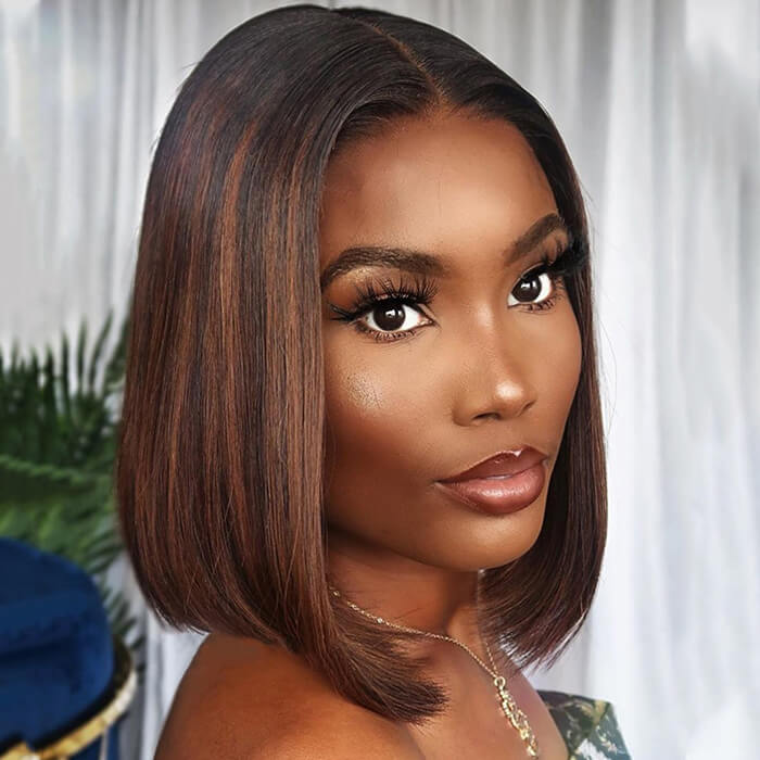 Blunt Cut Dark Brown Hair with Caramel Highlights Lace Front Wig Human Hair