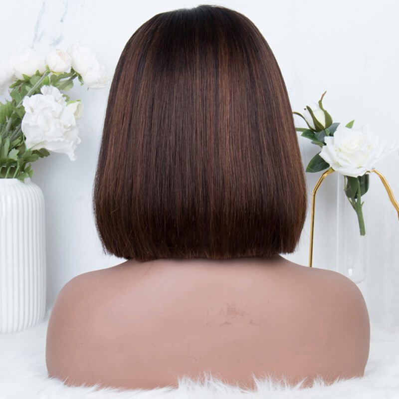 Blunt Cut Dark Brown Hair with Caramel Highlights Lace Front Wig Human Hair