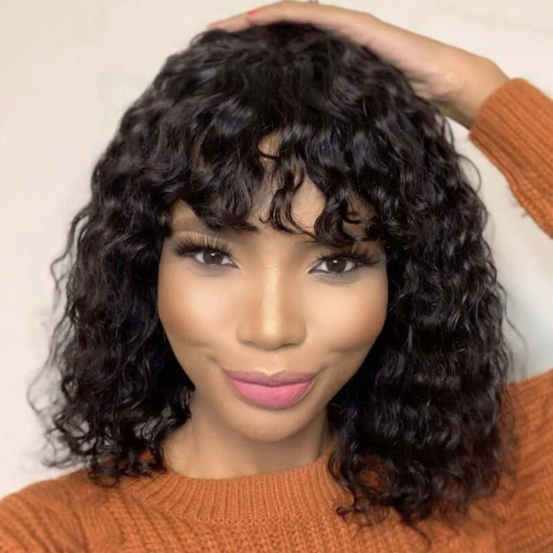 Bob Wig Human Hair With Bangs Water Wave 150% Density