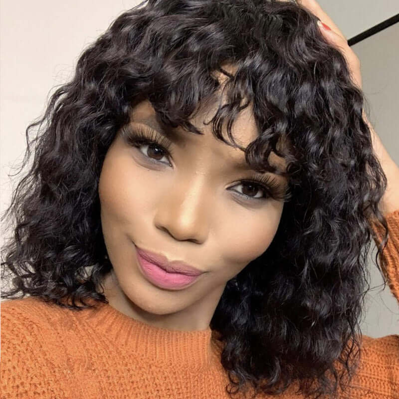 Bob Wig Human Hair With Bangs Water Wave 150% Density