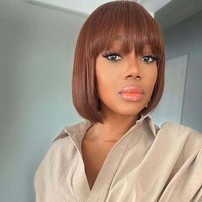 Short Bob Human Hair Wig With Bangs Lace Closure Wig