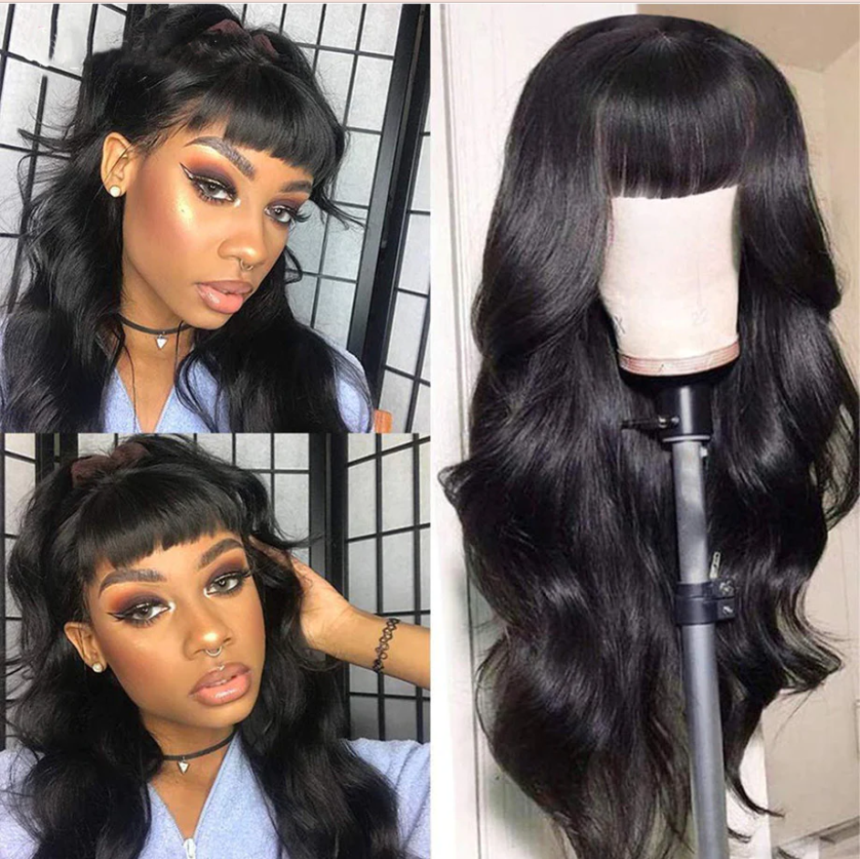 Body Wave Human Hair Wigs Pre-Plucked With Bangs Gluess Remy Human Hair Wigs