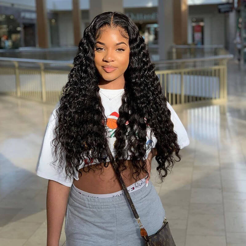 Deep Wave Human Hair 13X6 Lace Front Wig 180% Density Pre-plucked Invisible Knots