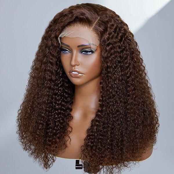 Chocolate Brown Long Curly Glueless 13x4 Lace Front Wig Human Hair
