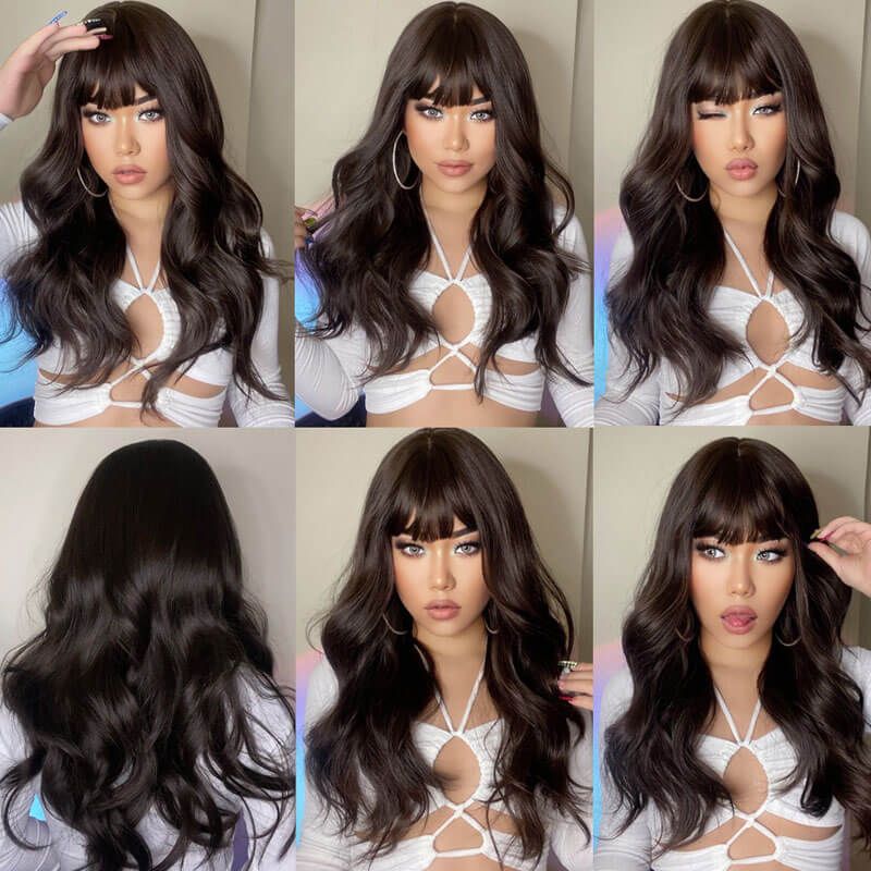 African American Hair Wigs with Bangs Wave Human Hair Wigs for Women
