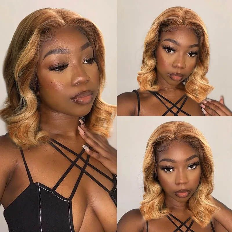 Blonde Balayage Highlights Color Celebrity Wave Bob Style Wigs 13x4 Lace Wigs Human Hair