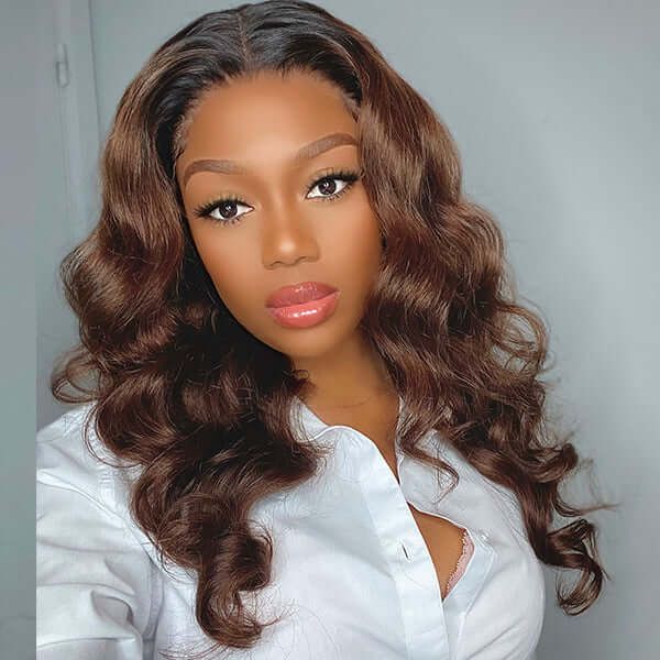Chestnut Brown Color Human Hair With Black Roots Glueless 4X4 Lace Wig