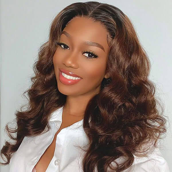 Chestnut Brown Color Human Hair With Black Roots Glueless 4X4 Lace Wig