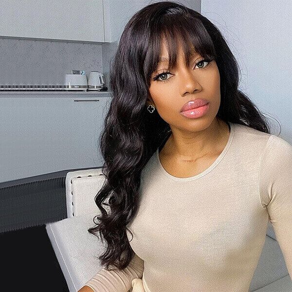 150% Density Beach Wavy Wig With Bangs 13x4 Lace Front Wig Human Hair