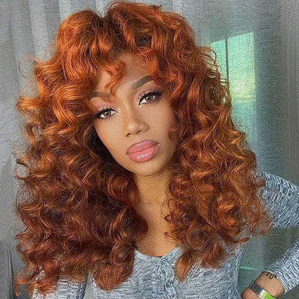 Curly Bangs Burnt Orange 13x4 Lace Front Wig Human Hair