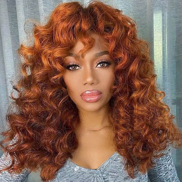 Curly Bangs Burnt Orange 13x4 Lace Front Wig Human Hair