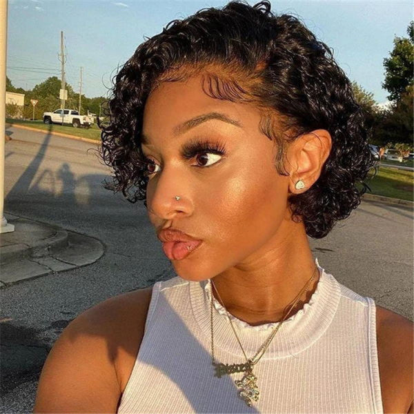 Glueless Slick Back Pixie Short Cut Cute Curly Human Hair 13x4 Frontal Lace Wig